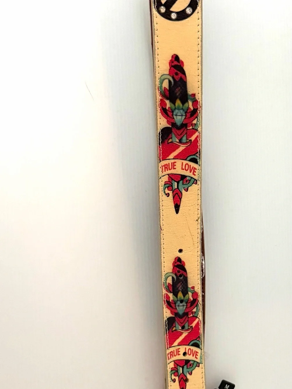 Vintage Genuine Leather Belt PEACE Rhinestone Tattoo Art Winged Heart 33” - 36”